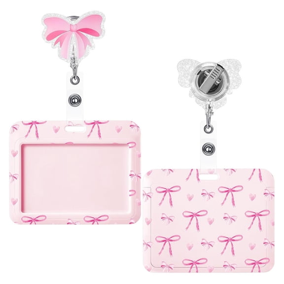 Pink Bow Coquette Gifts Set Includes Horizontal ID Badge Holder and Retractable Badge Reel with Alligator Clip Funny Name Tag Card Holder for Worker Doctor Nurse Teacher Office Accessories
