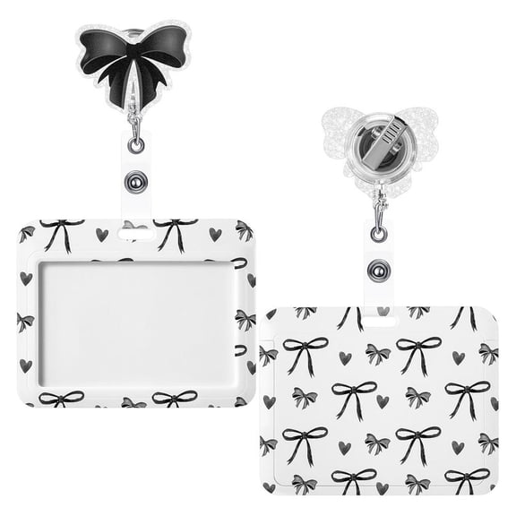 Pink Bow Coquette Gifts Set Includes Horizontal ID Badge Holder and Retractable Badge Reel with Alligator Clip Funny Name Tag Card Holder for Worker Doctor Nurse Teacher Office Accessories