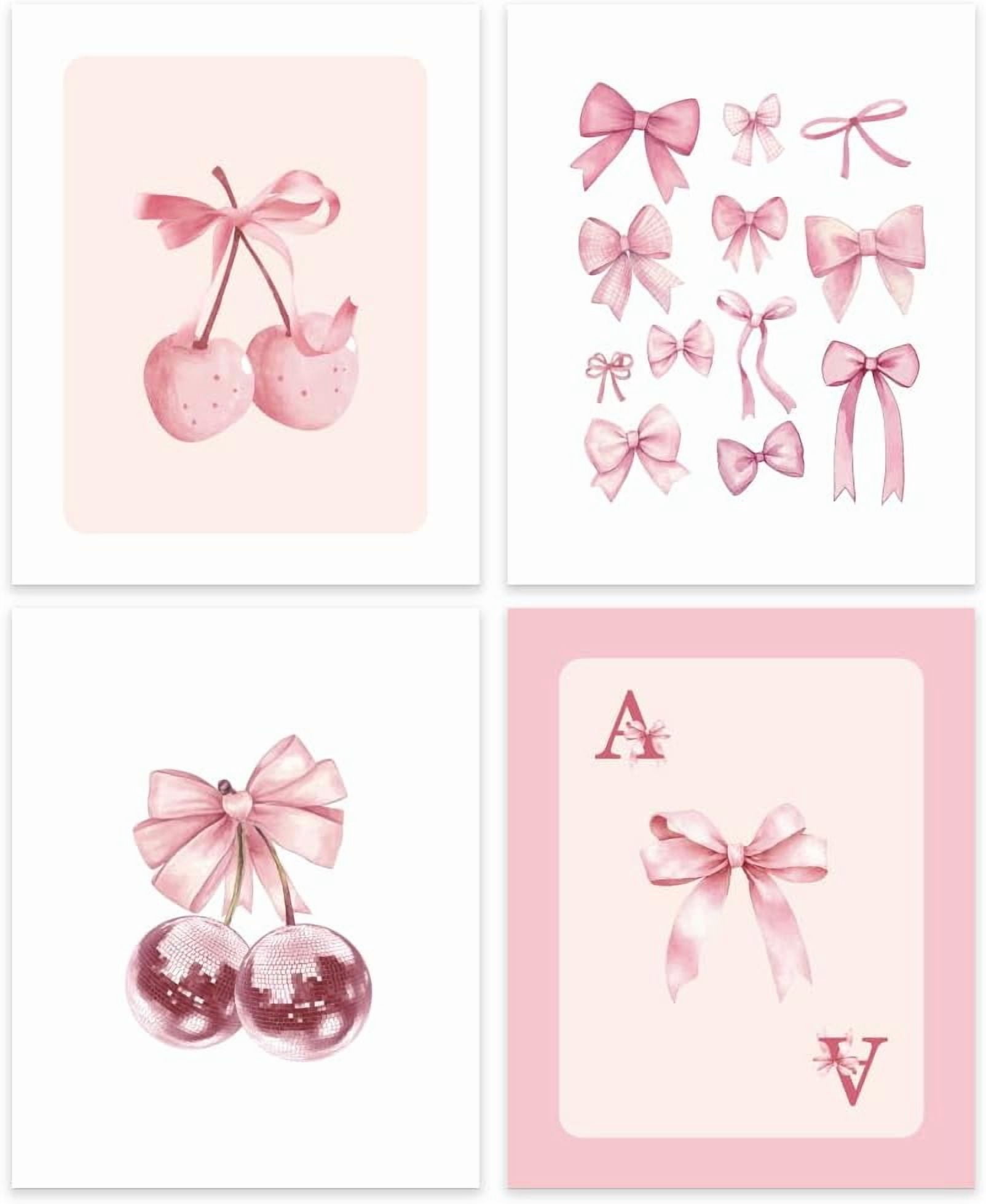 Pink Bow Coquette Wall Art Prints Set of 4 Preppy Coquette Room Decor Aesthetic Pink Bow Cherry Wall Decor Posters for B