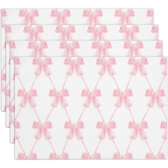Pink Bow Cotton Linen Placemats Set of 4, 12x18 Table Mat for Family Dinners Wedding Parties Restaurant Kitchen Decoration, Waterproof Washable Heat Resistant Place Mats