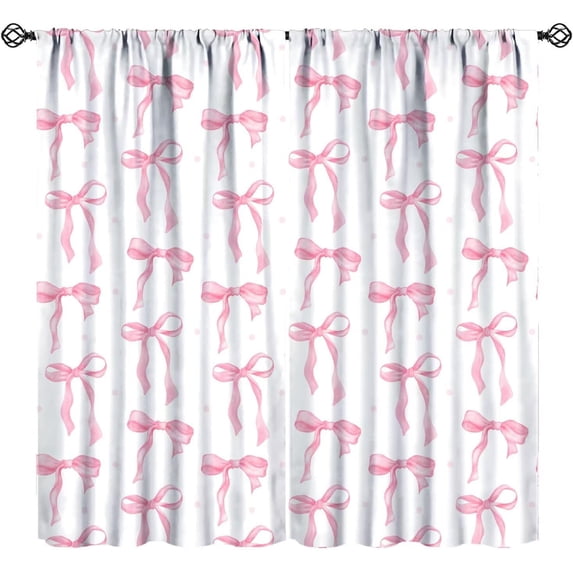 Pink Bow Curtains, Watercolor Cute Girls Pink Bow Modern Aesthetic Print Window Treatments for Kids Girl Bedroom Bathroom, 52" W X 84" L