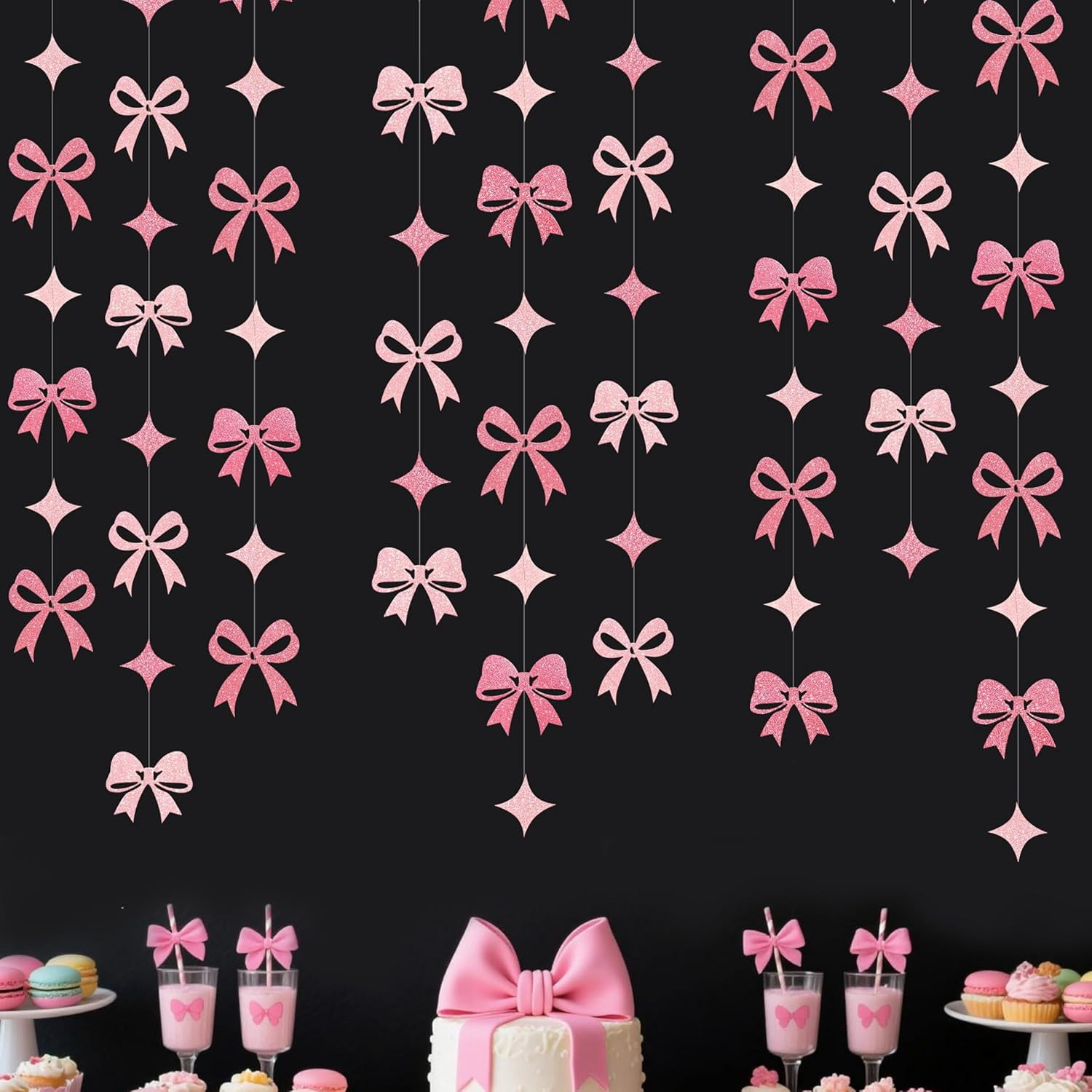 Pink Bow Decorations Pink Glitter Paper Star Bow Hanging Garland