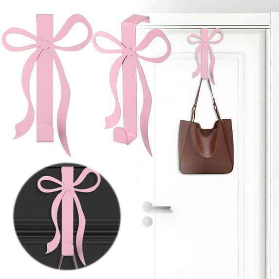 Pink Bow Over The Door Hook 1-Pack, Metal Door Hanger Hook Coquette Room Decor Bow Accessories for Cabinet Living Room Bathroom Bedroom Kitchen Hanging Clothes Towels Hats Coats Bags