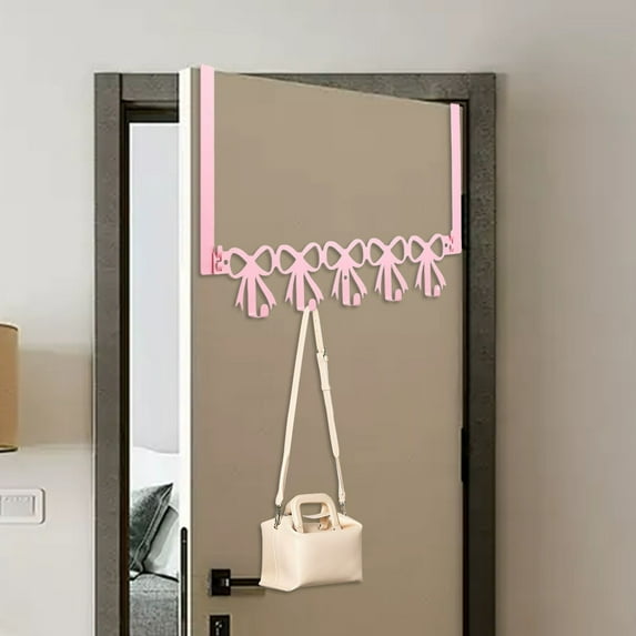 Pink Bow Over The Door Hooks 5-Hook Hanger, Heavy Duty Towel Rack Over Door Hanger, Kawaii Farmhouse Rustic Style for Bedroom Bathroom Kitchen Organization, Pink