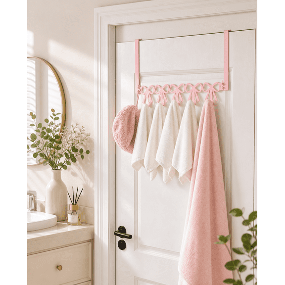 Pink Bow Over The Door Hooks Hanger, 5 Hook Decorative Coat Rack, Sturdy Metal Bow Wall Decor Coat and Towel Rack, Cute Coquette Room Decor Organizer for Bathroom Bedroom Entryway Living Room