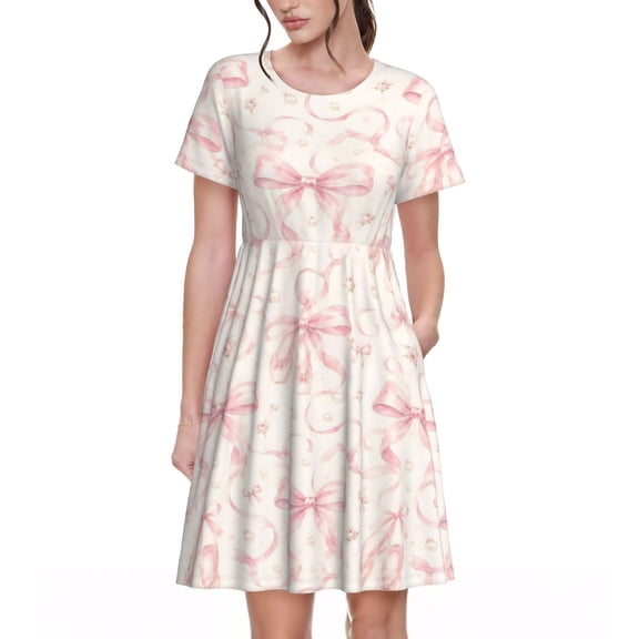Pink Bow Dresses Short Sleeve Nightdresses for Women