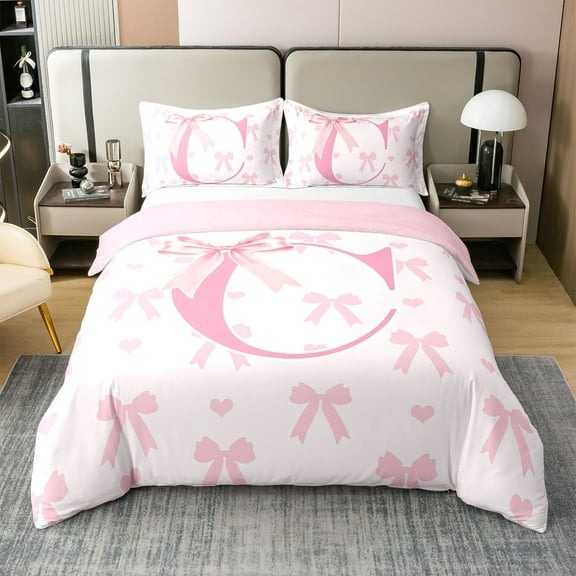 Pink Bow Duvet Cover 100% Cotton Twin Size,Initial Letter C Chic Romantic Bedding Set Teens,Princess Style Bowknot Love Hearts Girly Fairy Comforter Cover(No Filler),2Pcs