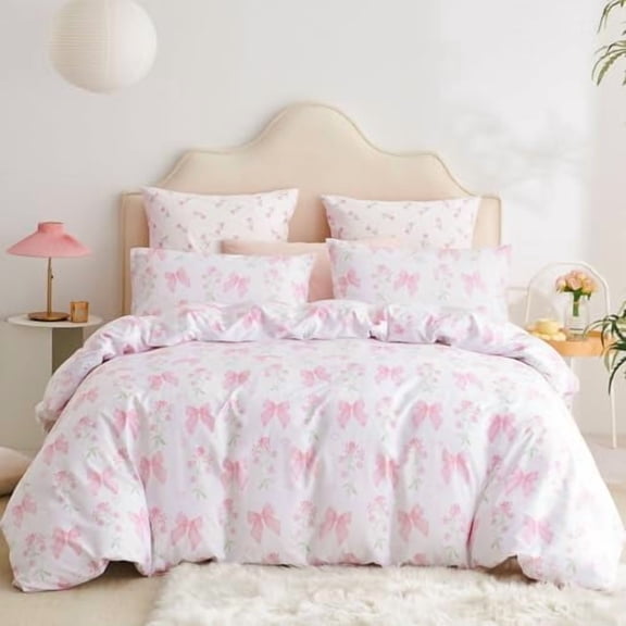 Pink Bow Duvet Cover Full Girls Pink Floral Duvet Cover Set Romantic Princess Style Bowknot Bedding Set Ultra Soft Reversible Garden Flower Bedding 3 Pieces
