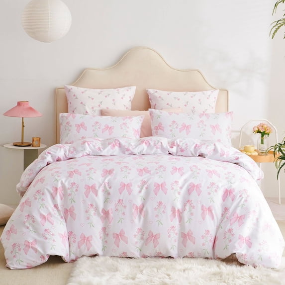 Pink Bow Duvet Cover Girls Pink Floral Duvet Cover Set Romantic Princess Style Bowknot Bedding Set Ultra Soft Reversible Garden Flower Bedding Full Size