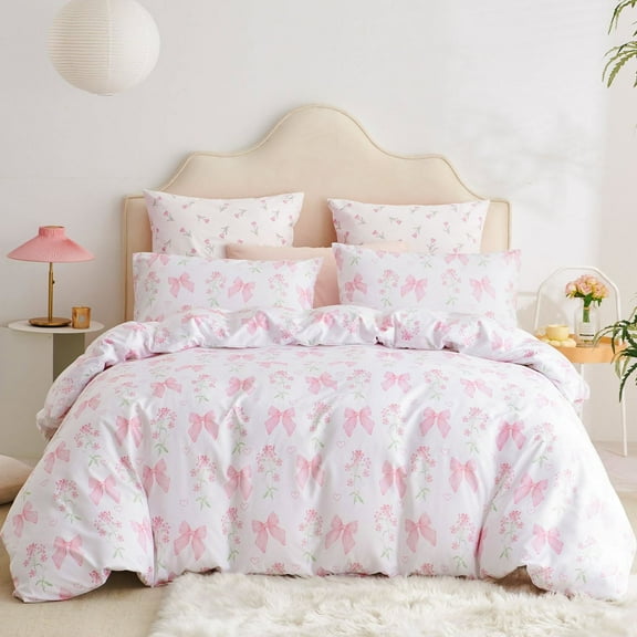 Pink Bow Duvet Cover Girls Pink Floral Duvet Cover Set Romantic Princess Style Bowknot Bedding Set Ultra Soft Reversible Garden Flower Bedding Queen Size