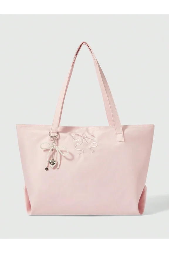 Pink Bow Embroidery Large Tote Bag With Pearl Charm, Oxford Cloth Shoulder
