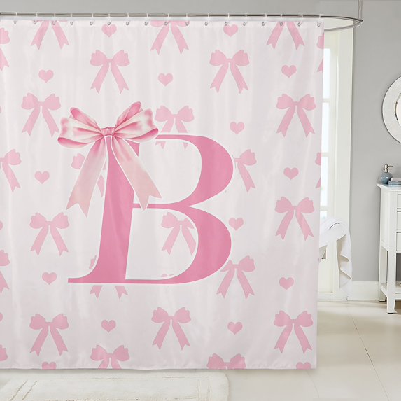 Pink Bow Fabric Shower Curtain,Princess Style Bowknot Love Hearts Girly Fairy Shower Curtain for Bathroom,Initial Letter B Chic Romantic Waterproof Shower Curtain 78 Inch Long