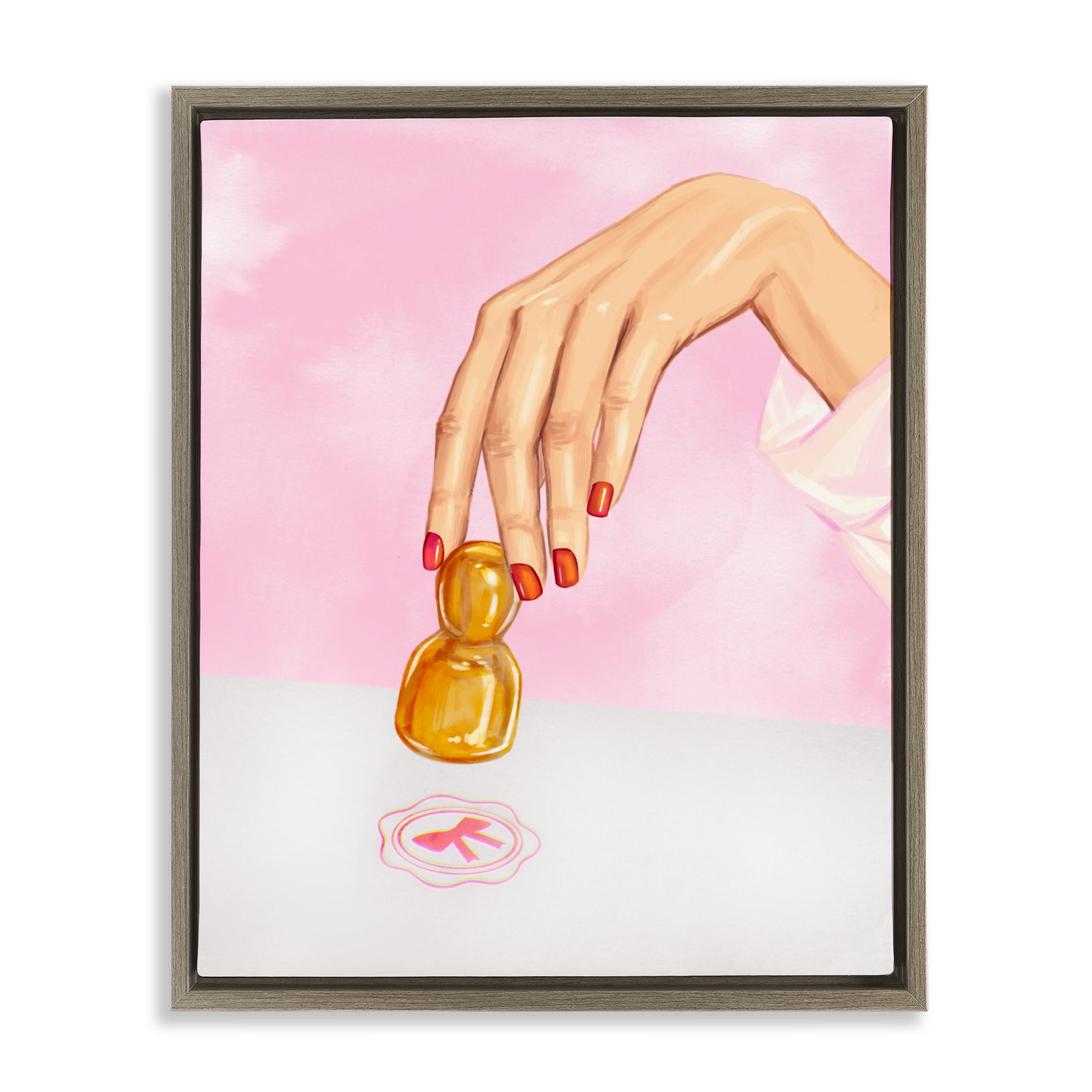 Pink Bow Fashion Stamper Brown Framed Floater Canvas Wall Art, design by Ziwei Li