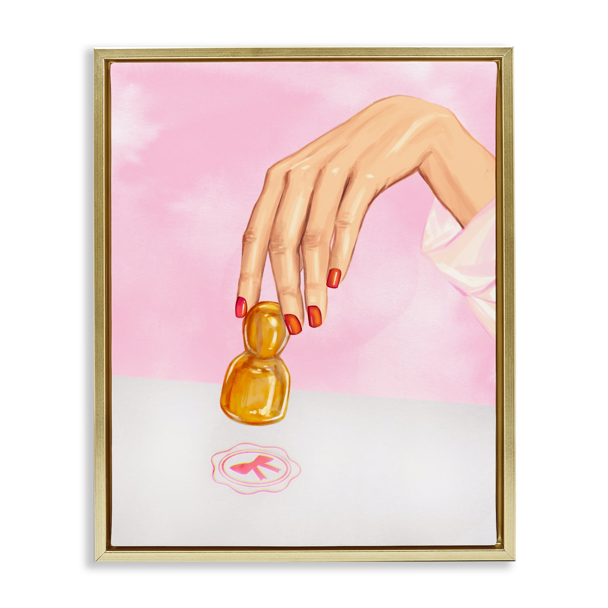 Pink Bow Fashion Stamper Gold Framed Floater Canvas Wall Art, design by Ziwei Li