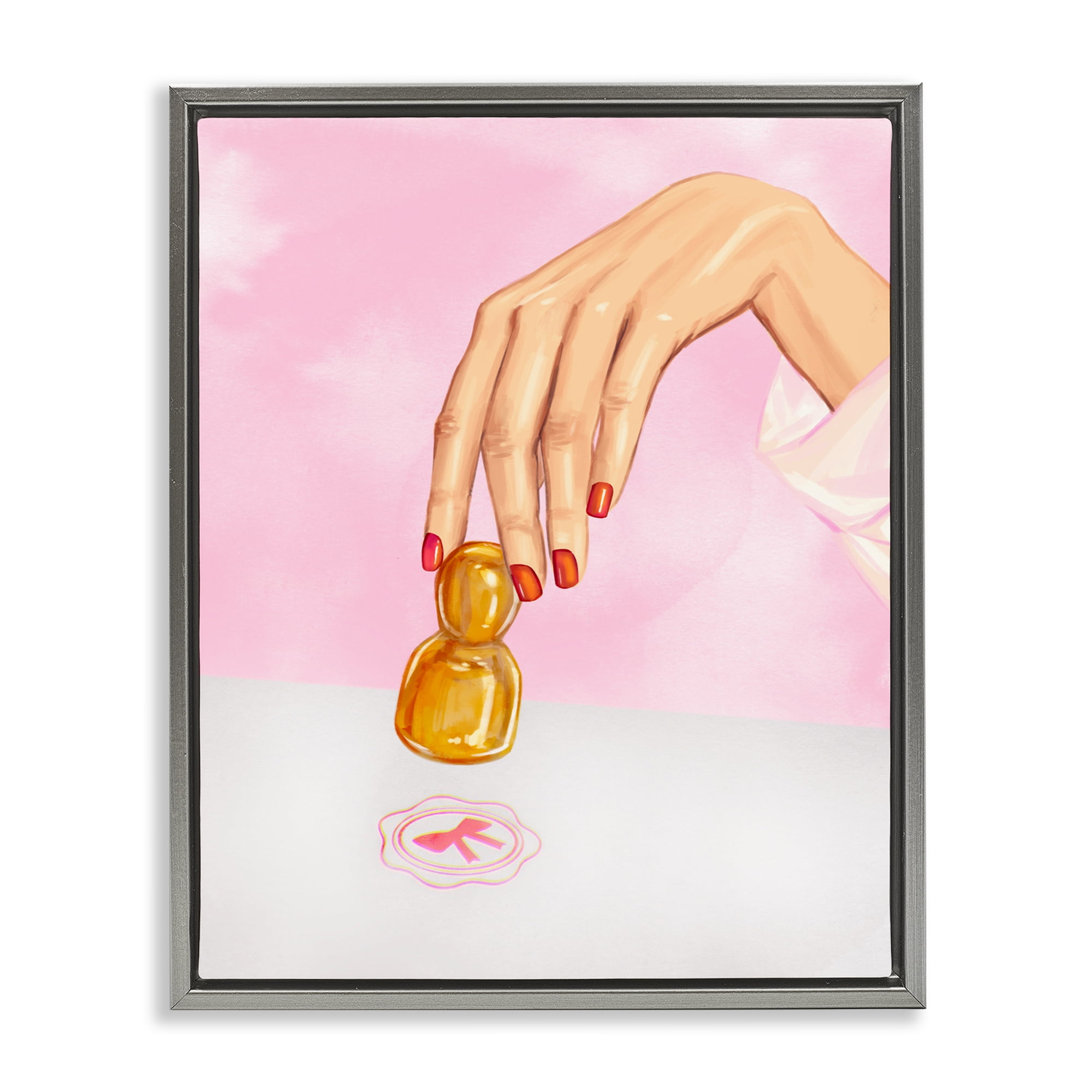 Pink Bow Fashion Stamper Gray Framed Floater Canvas Wall Art, design by Ziwei Li