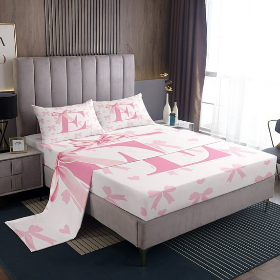 Pink Bow Fitted Sheet Set with 2 Pillowcase,Princess Style Bowknot Love Hearts Girly Fairy Bed Sheet,Initial Letter E Chic Romantic Top Flat Sheet Luxury Microfiber,Queen Size