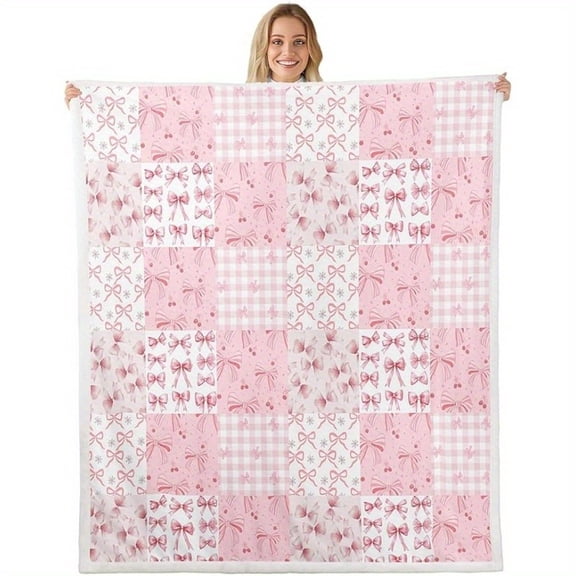 Pink Bow Fleece Throw Blanket Queen 90.0inch X 90.0inch Bow Plaid Blanket Boys Teen Gift Women Grid Plush Blanket Princess Decorative Plush Blanket Flannel Blanket Anket