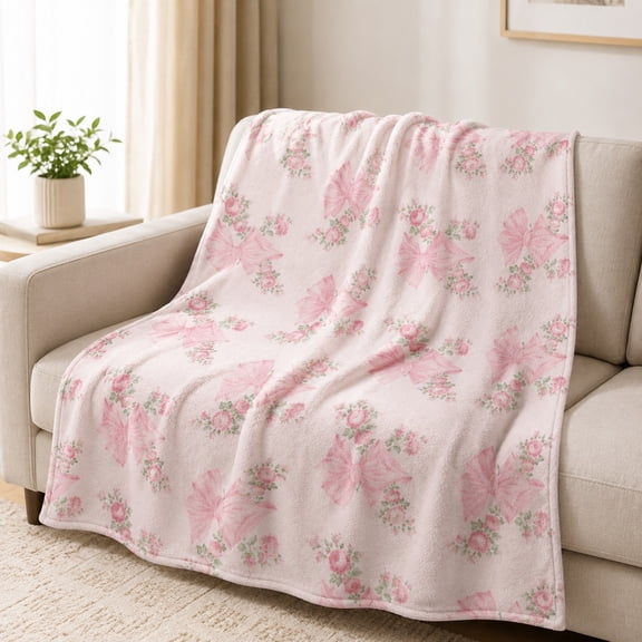 Pink Bow Floral Fleece Throw Blanket, Soft Polyester Sofa Blanket