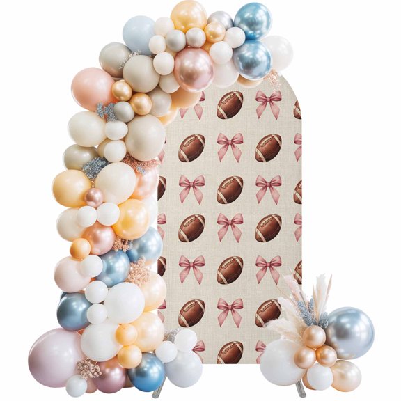 Pink Bow Football Arch Backdrop Cover 4x1.65 Ft, Spandex Wedding Arch Stand Cover, Modern Game Balls Retro Burlap Round Top Stretch Fitted Background Covers for Birthday Ceremony Party Decor