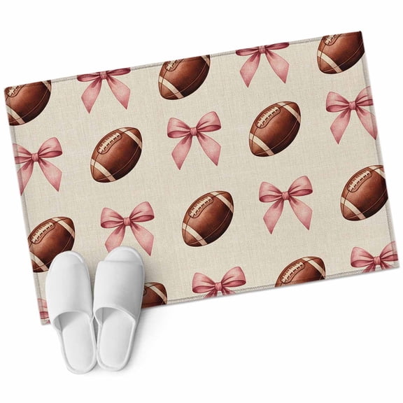 Pink Bow Football Entryway Rug 2x3 Area Rug Washable Indoor Doormat Small Bathroom Rugs Non-Slip Low Pile Accent Throw Rugs Modern Game Balls Retro Burlap Floor Carpet for Kitchen Bedroom Entrance