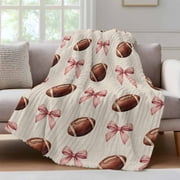 Pink Bow Football Fleece Throw Blanket for Couch, Modern Game Balls Retro Burlap Microfiber Flannel Blanket for All Season, Lightweight Soft Throw Blankets for Baby, Kids, Pets, 30"x40"
