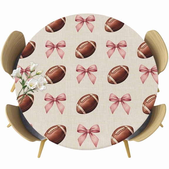 Pink Bow Football Round Tablecloth, Fitted Table Cover with Elastic for 45"-54" Round Tables, Modern Game Balls Retro Burlap Table Cloth Outdoor Indoor Dinning Party Waterproof Tablecloths