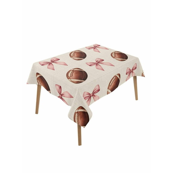 Pink Bow Football Table Cloth, Modern Game Balls Retro Burlap Waterproof Tablecloth for Rectangle Tables, Reusable Washable Fabric Table Cover for Restaurant Kitchen Dining Tables 60"x84"