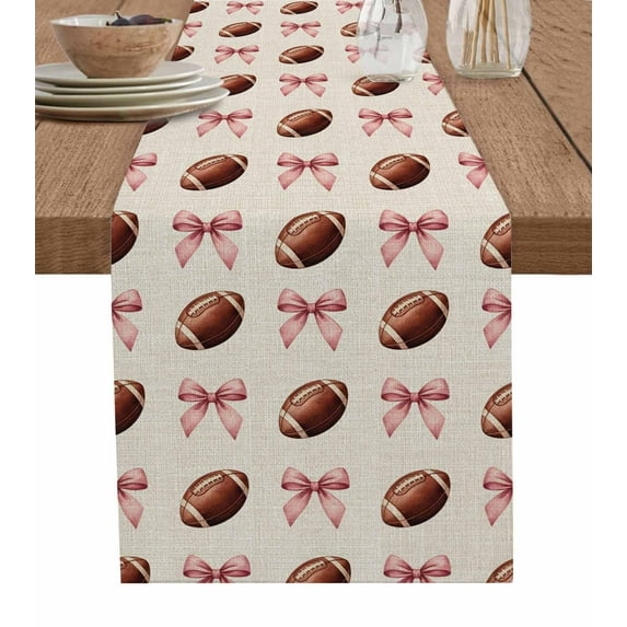Pink Bow Football Table Runner 72 Inches, Modern Game Balls Retro Burlap Bed Runner Dresser Scarves Tabletop for Indoor Outdoor Parties/Ceremony/Banquet, 18" x 72"