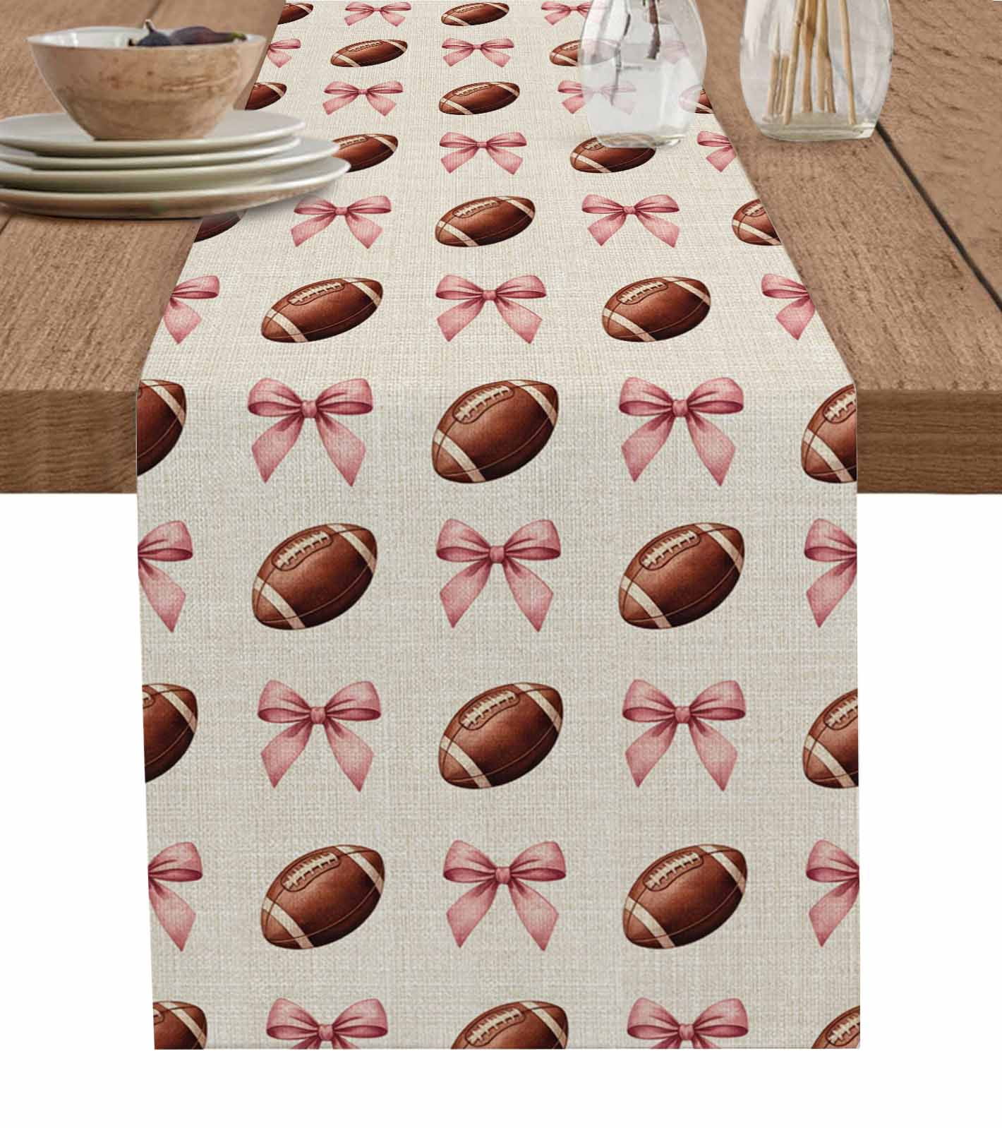 Pink Bow Football Table Runner 90 Inches, Modern Game Balls Retro Burlap Bed Runner Dresser Scarves Tabletop for Indoor Outdoor Parties/Ceremony/Banquet, 13" x 90"