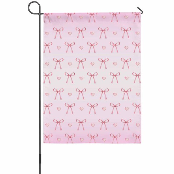 Pink Bow Garden Flag 12 x 18 Inches, Tiny Heart Ribbon Loop Knot Ribbon Ombre Pink Background Weather Proof Outdoor Patio Flags Double Sided Small Garden Decoration for Yard Outside Home
