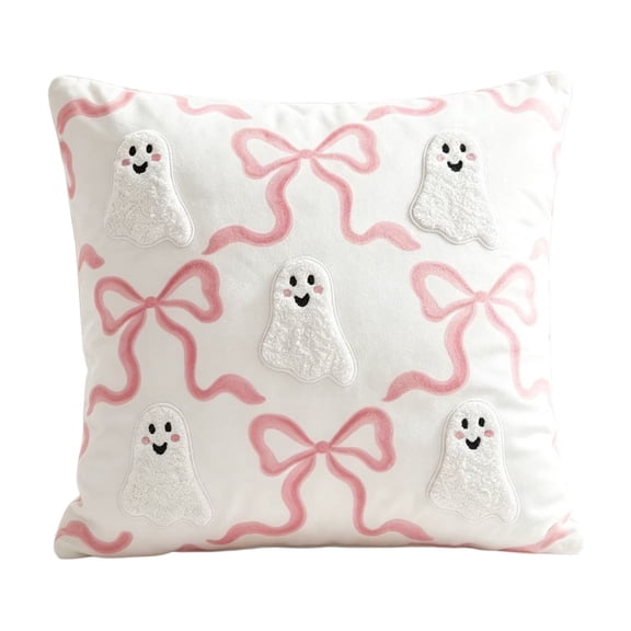 Pink Bow Ghost Halloween Throw Pillow, 17.72 In Square Soft Velvet Decor Cushion with Embroidery Appliqu