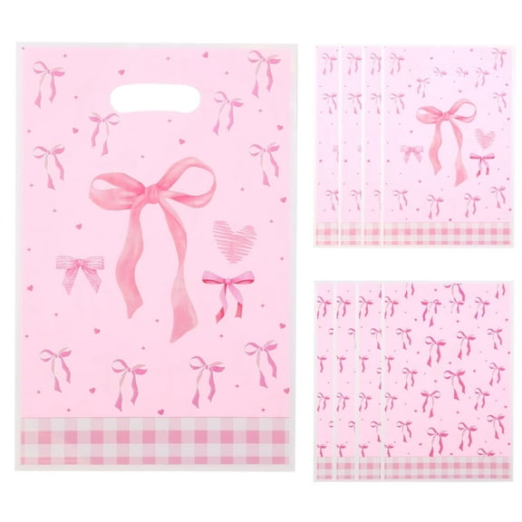 Pink Bow Gifts Bags 50pcs Plastic Candy Goodies Bags with Handles for Christmas/ Valentine's Day（9.84 X 6.3in）