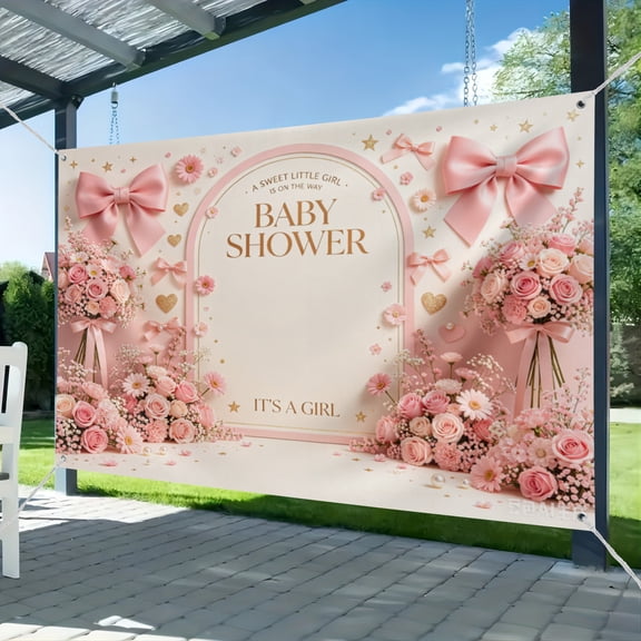 Pink Bow Girls Baby Shower Decorations Backdrop A Sweet Little Girl is on The Way Photography Background Pink Floral It's A Girl Party Banner Cake Smash Photo Booth Props 51*59IN