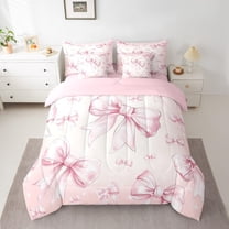 Pink Bow Girls Bedding Set Kawaii Bowknot Queen Comforter Set 7 Piece for Kids Teen Women Bedroom Decor