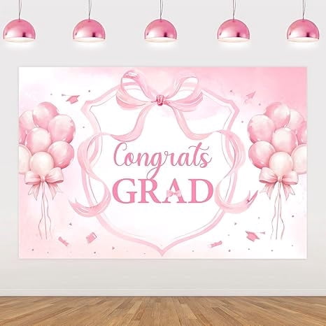 Pink Bow Graduation Party Decorations, Bow Graduation Backdrop Banner Background Photo Booth Prop 3 x 5 ft for Girl Class of 2026 Congrats Grad Congratulations Party