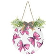 thumbnail image 1 of Pink Bow Hand Painted Style Front Door Porch Decoration Hanging Sign with Artificial Green Plants and Bow for Home Outdoor Indoor, 1 of 7
