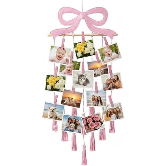 Pink Bow Hanging Photo Display Wall Decor Pink Macrame Wall Hanging Coquette Picture Frame Collage Holder with 30 Clips for Room Bedroom Graduation Wedding Christmas Coquette Party Decor