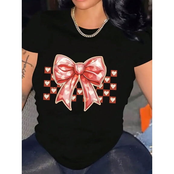 Pink Bow Heart Print Valentine's Day Women Soft Breathable Casual Tee