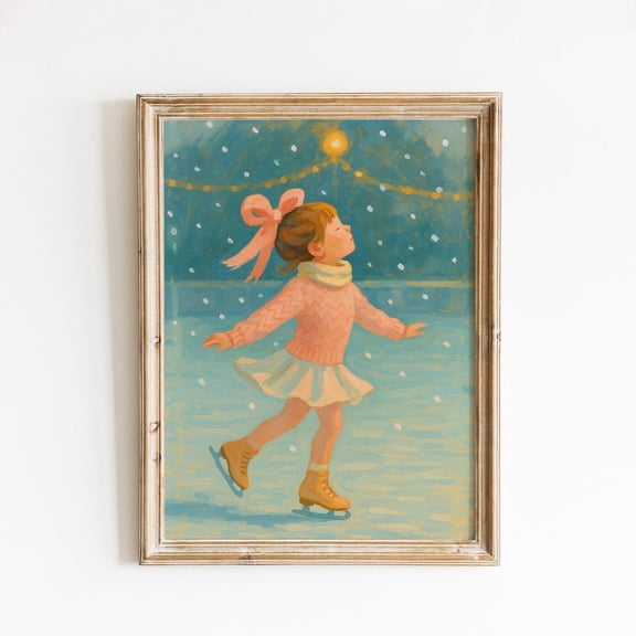Pink Bow Ice Skating Girl – Winter Wall Art, Unframed Poster Size 16x24