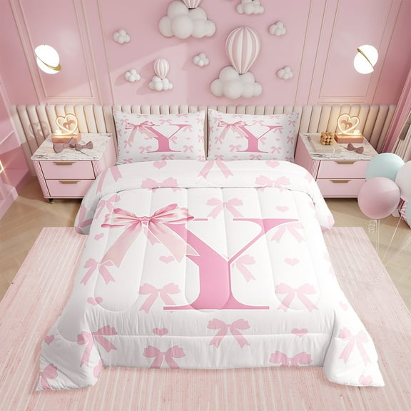 Pink Bow Comforter Set,Princess Style Bowknot Love Hearts Girly Fairy Bedding Set All Season,Initial Letter Y Chic Romantic Comforter 2 Pcs with 1 Pillowcase,Kawaii Pink,Twin Size