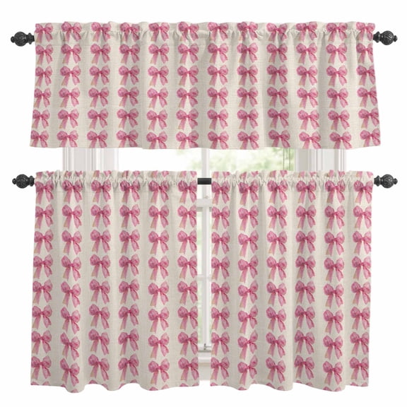 Pink Bow Kitchen Curtains Set for Windows, Vintage Spring Retro Bow Plaid Linen Texture Farm Curtains Valance and Tier 3 Piece Set Small Drapes 36 Inch Length for Kitchen Bedroom Decor