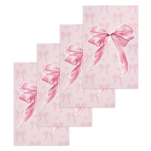 Pink Bow Kitchen Dish Towels for Drying Dishes Set of 4, Cute Watercolor Girls Cartoon Luxury Waffle Weave Microfiber Hand Tea Bathroom Towels Quick Dry & Absorbent Towel 15.7x23.6