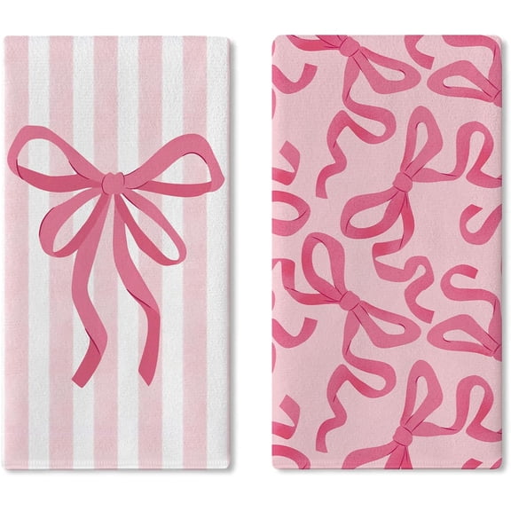 Pink Bow Kitchen Dish Towels Set of 2, Coquette Ribbon Stripes Preppy Drying Hand Towel Baking Cooking Cloth, Aesthetic Girly Bathroom Home Decoration Gift for Girls Women 18'' x 26''