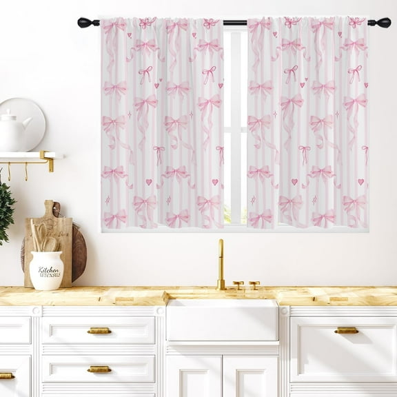 Pink Bow Kitchen Window Curtains 27.5 x 39 Inch Small Short Mini Cafe Rod Pocket Cute Preppy Girly Girls Princess for Living Bedroom Room Home Treatment Set of 2 Curtain Panels Drapes Tiers