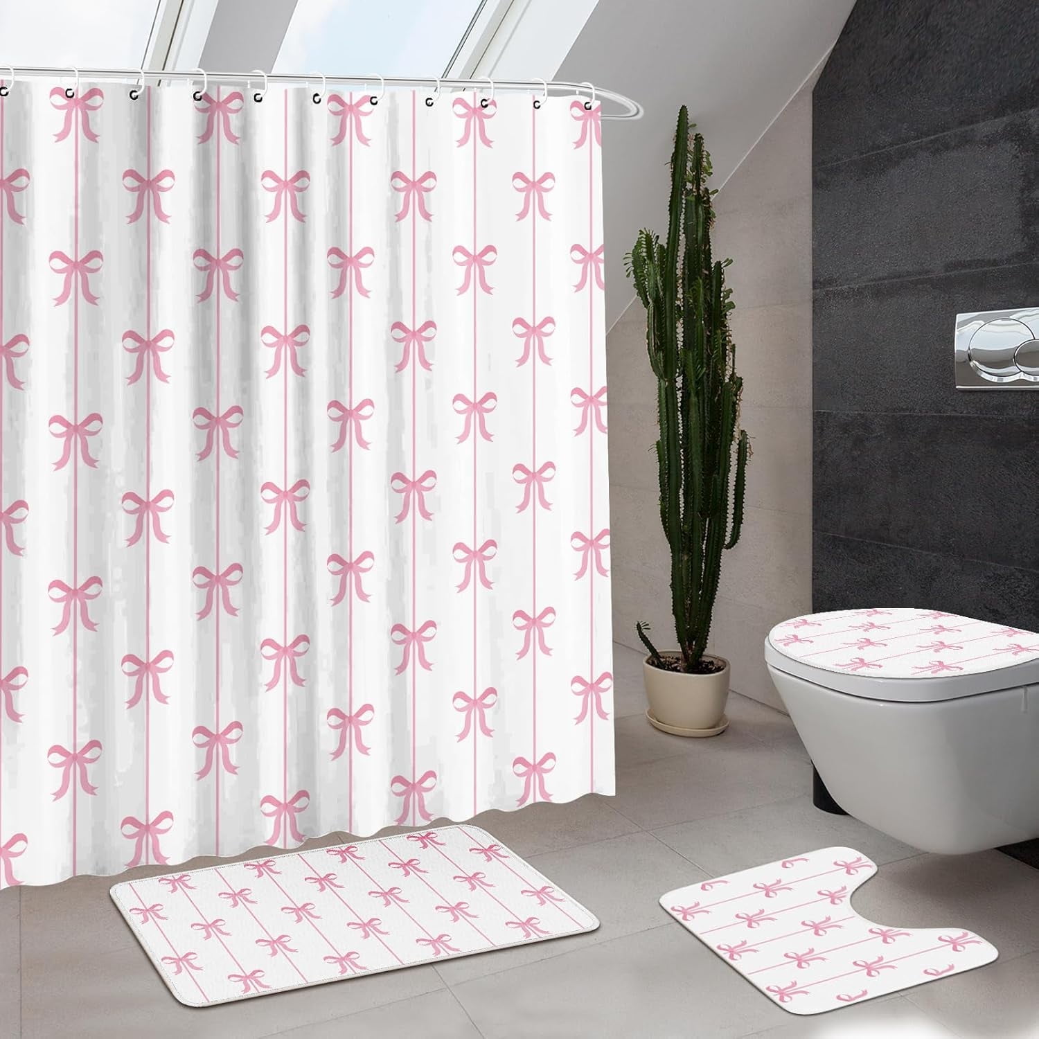 Pink Bow Knot Shower Curtain Set 4 Pcs Coquette Bow Bathroom Decor Set with Rugs Romantic Pink Aesthetic Bathroom Curtain with 12 Hooks for Women