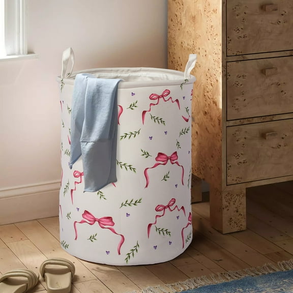 Pink Bow Laundry Basket Foldable With Handles Tote Bag Waterproof Oxford Cloth Funny Laundry Hamper Clothes Storage Bucket Toy Organizer 43L For Bathroom/Laundry/Bedroom (Bow leaves, 43L)