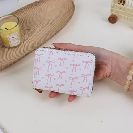 Pink Bow Multi-card Slot Card Holder PU Leather Credit Card ID Card Cover for Women Girls Sweet Mini Zipper Coin Purse