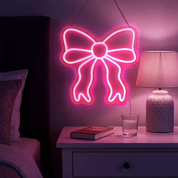 Pink Bow Neon Sign for Wall Decoration Pink Bow Light Advertisement LED Light Hanging Door Sign USB Powered with Dimmable Switch for Girl Room Salon Present