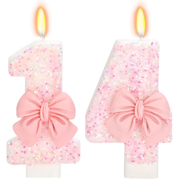 Pink Bow Number 14 Birthday Cake Candle, 2.76 Inch Number Happy Birthday Candle, Decorative Cake Topper for Birthday Party Celebration