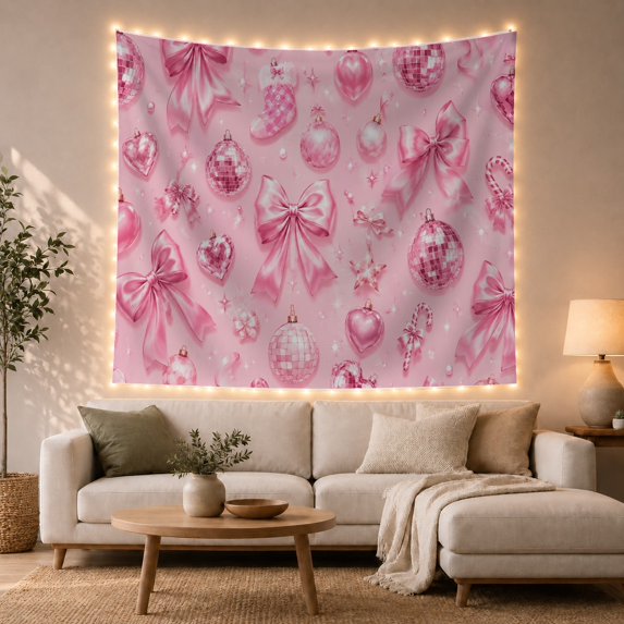 Pink Bow Ornament Pattern on Light Pink Background, Playful Illustration for Coquette Decor Lovers, Holiday Wall Decor, Christmas Gift, Tapestry Wall Hanging for Bedroom and Dorm